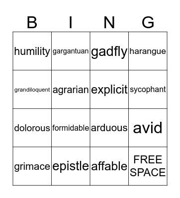 Unit 11 Vocabulary  Bingo Card