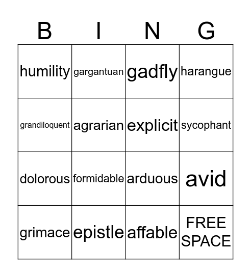 Unit 11 Vocabulary  Bingo Card