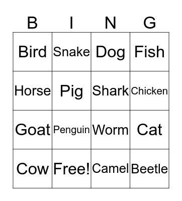 Animal Bingo Card