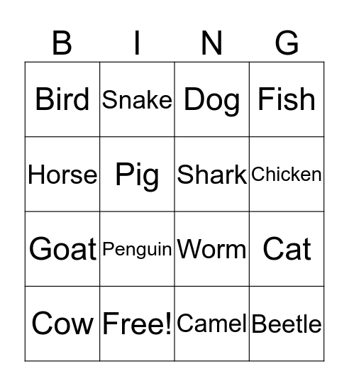 Animal Bingo Card