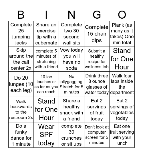 Wellness Wednesdays Bingo Card