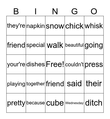 Sight Words Bingo Card