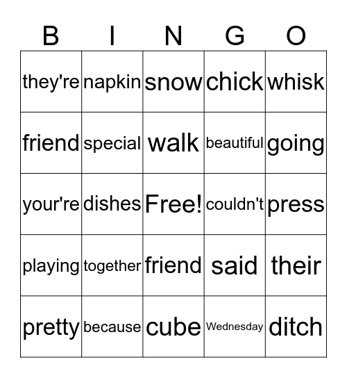 Sight Words Bingo Card