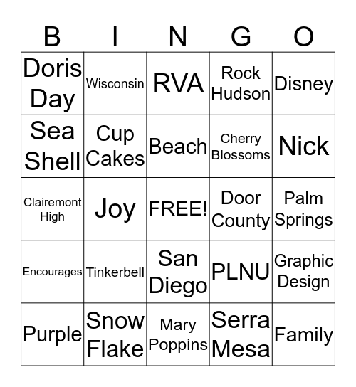 Jessica's Bridal Shower Bingo Card