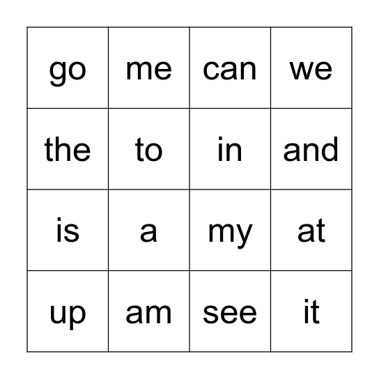 Kindergarten Sight List One Bingo Card