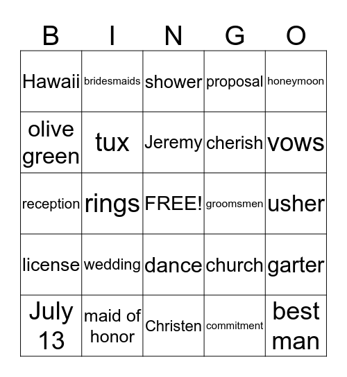Christen and Jeremy Bingo Card