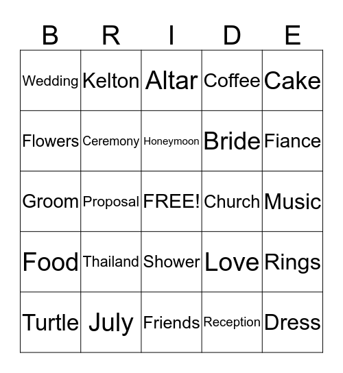 Bridal Bingo Card