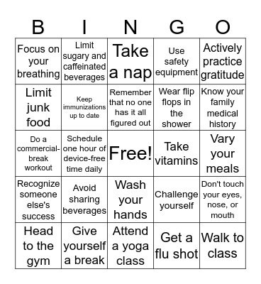 Health & Wellness Bingo Card