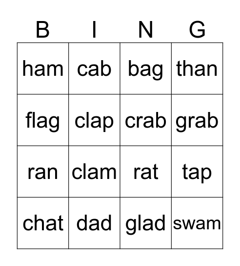 Word family words short a Bingo Card