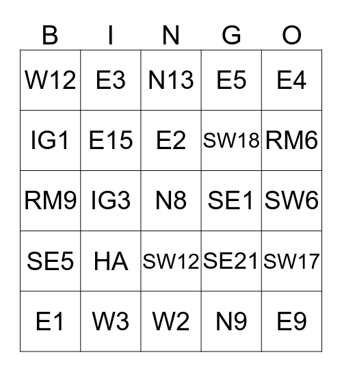 Postcode Bingo Card