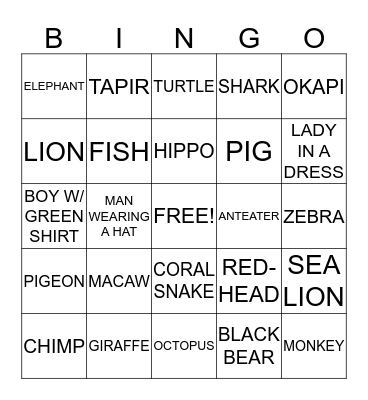 ANIMAL SAFARI BINGO Card