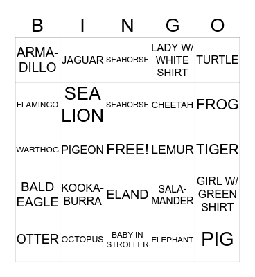 ANIMAL SAFARI BINGO Card