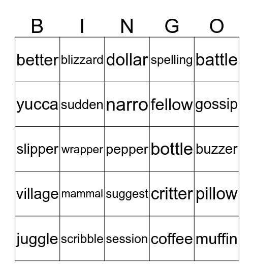 Double Consonants Bingo Card