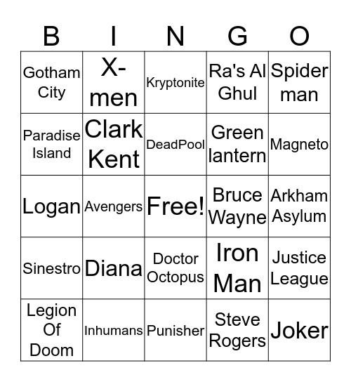 Super Hero Bingo Card