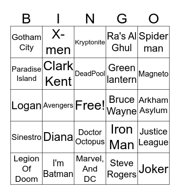 Super Hero Bingo Card