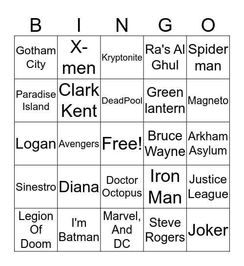 Super Hero Bingo Card