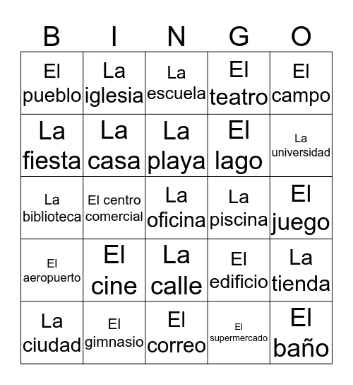 Spanish Places Non-Cognates Bingo Card