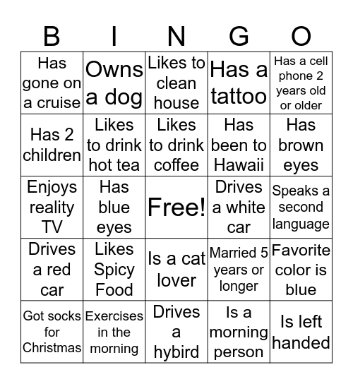 GETTING TO KNOW YOU Bingo Card