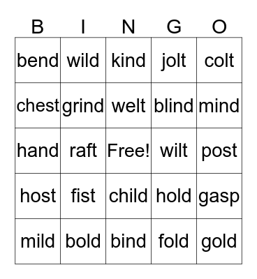 Closed Syllable Rule Bingo Card