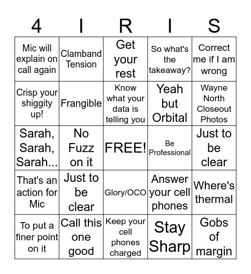 IRIS Mission Bingo Card