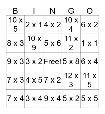 Multiplication Bingo Card