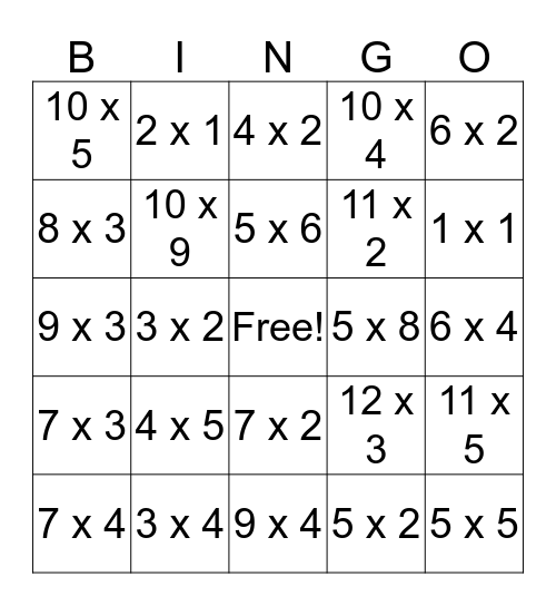 Multiplication Bingo Card