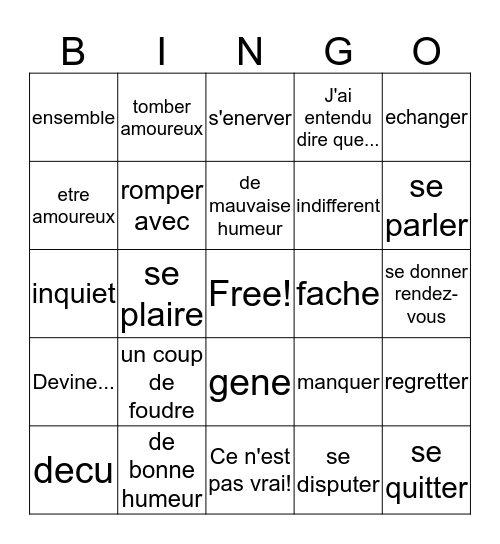 Francais 3&4, Chapitre 4, Vocabulaire 1 Bingo Card