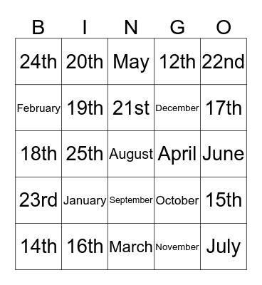 Calendar Bingo Card