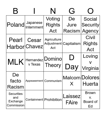 Final American Studies Bingo Card