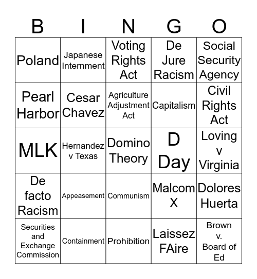 Final American Studies Bingo Card