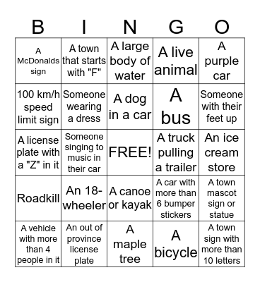 On the Road Bingo Card