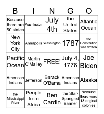 Citizenship Bingo Card