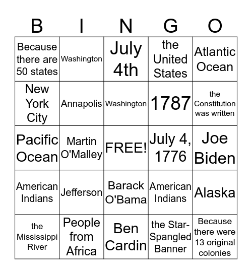 Citizenship Bingo Card