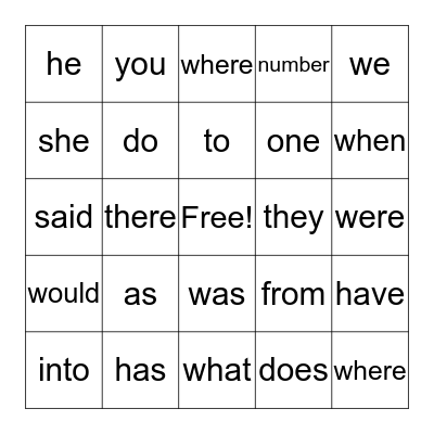 Trick Words Level 1B Bingo Card