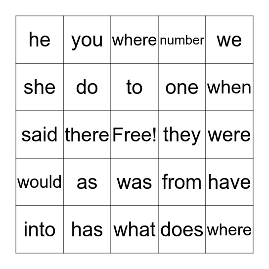 Trick Words Level 1B Bingo Card