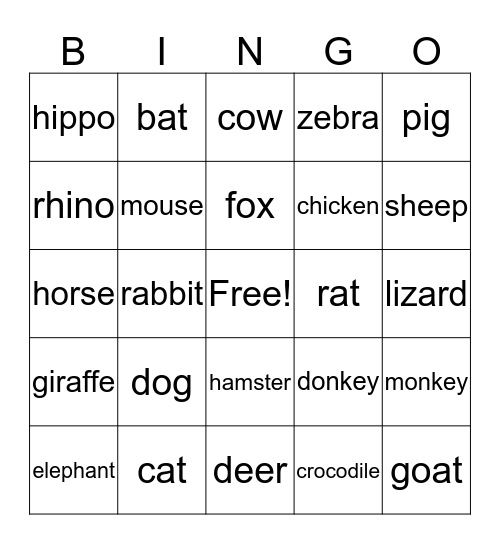 Animals Bingo Card