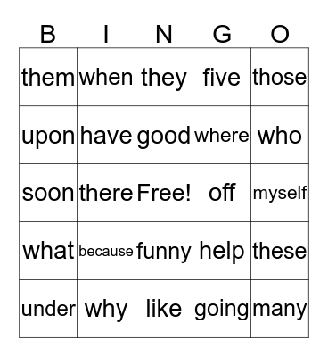Sight Word Bingo Card