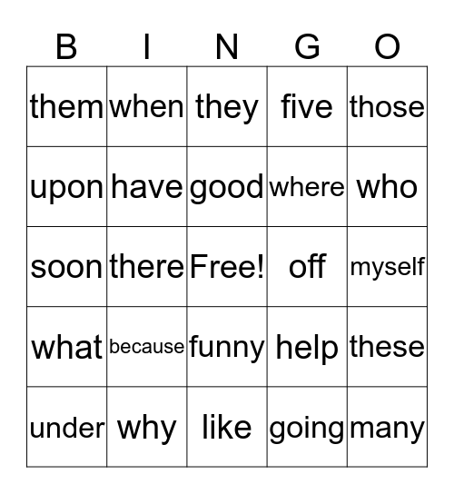 Sight Word Bingo Card