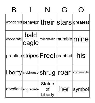 Vocabulary Bingo Card