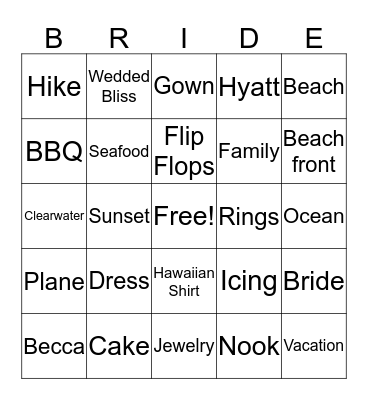 BRIDE Bingo Card