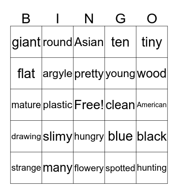 adjectives Bingo Card