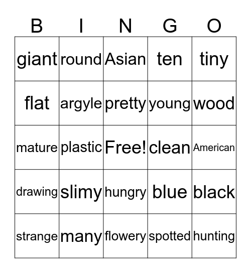 adjectives Bingo Card