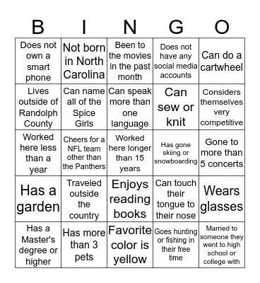 Public Health Bingo Card