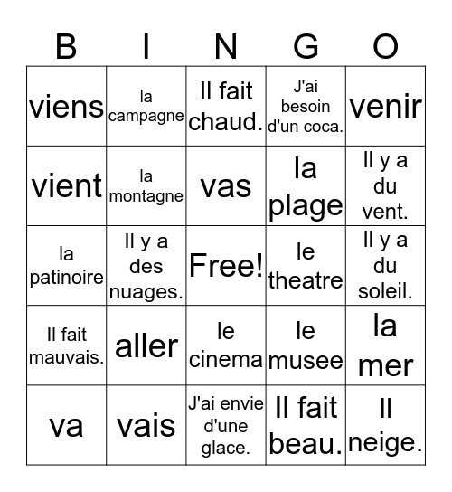 Francais I - Examen - venir, aller, voc 5/2 Bingo Card