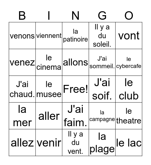 Fr. 1 - test - aller, venir, 5/2 voc. Bingo Card