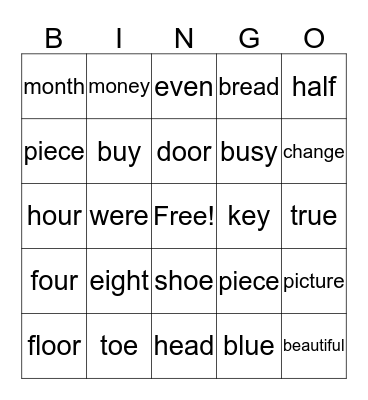 Sight Words Bingo Card
