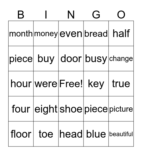 Sight Words Bingo Card