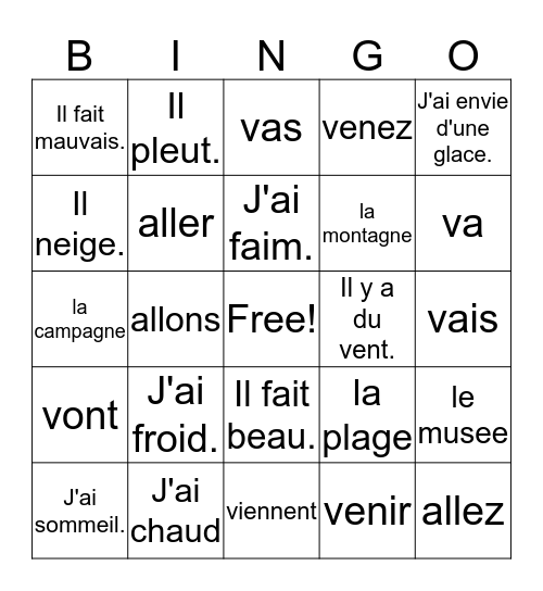 French 1 - TEST - aller, venir, 5/2 VOCAB Bingo Card