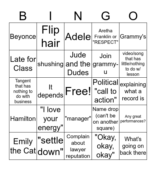 Music Biz Bingo Card