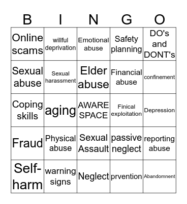 AWARE Bingo  Bingo Card